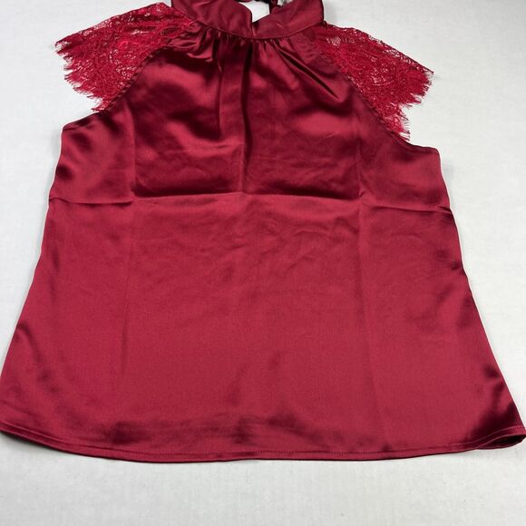 Nicole Miller New York Satin Neck Tie Blouse Red Lace Short Sleeve Shirt SMALL - Picture 2 of 11